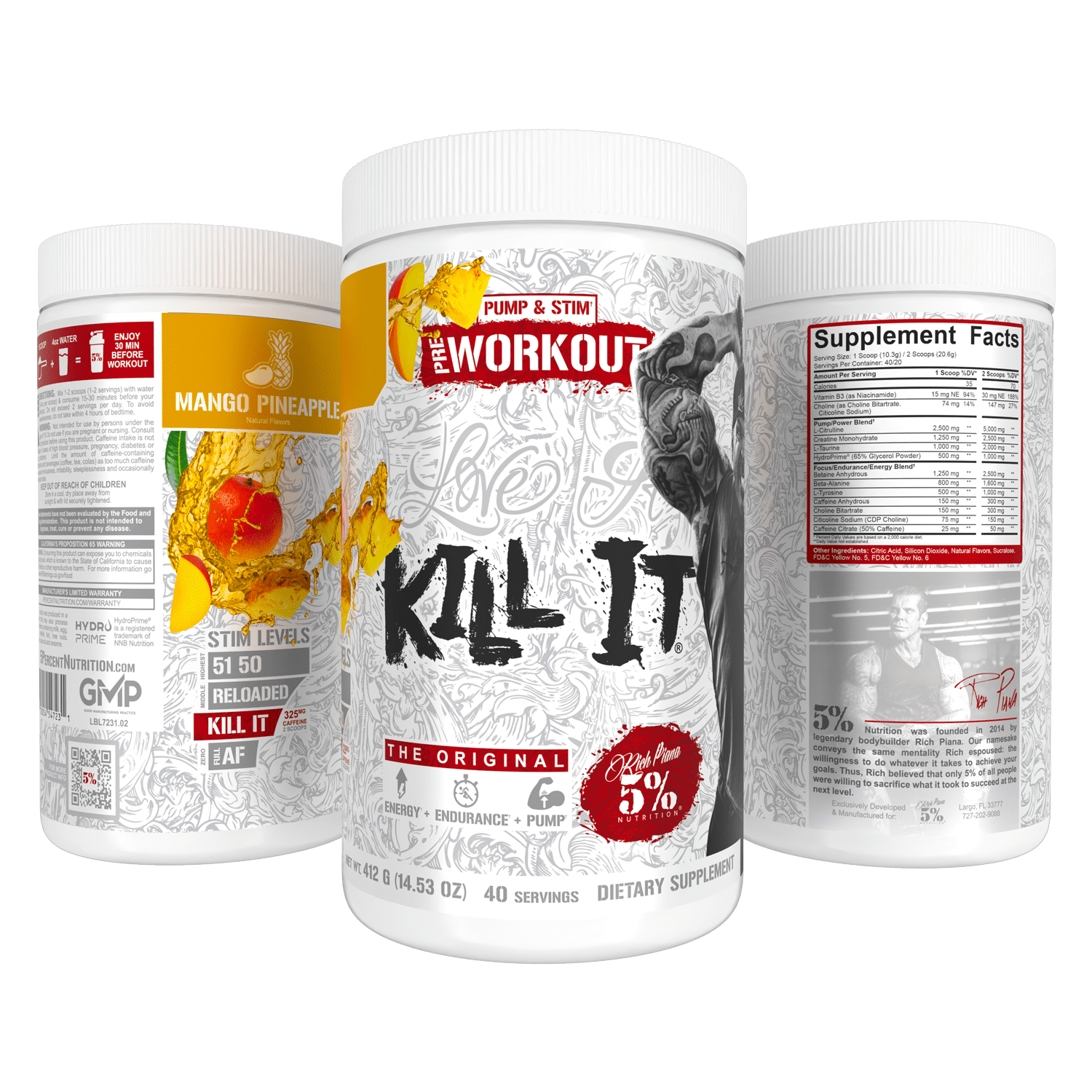 5% Nutrition Rich Piana Kill It Pre-Workout Powder Supplement with Creatine & Caffeine for Pump, 40 Servings (Mango Pineapple)