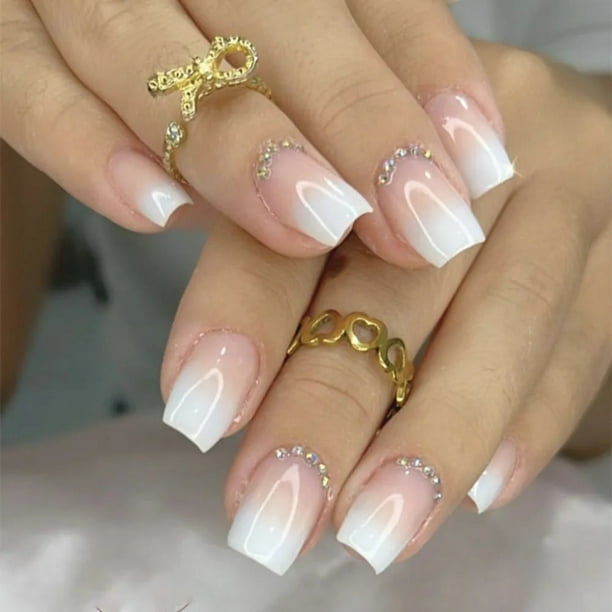 24 Uds uñas postizas cubierta completa uñas postizas elegante Rosa gradiente brillo uñas cortas francesas ataúd uñas postizas cortas prensa en las uñas
