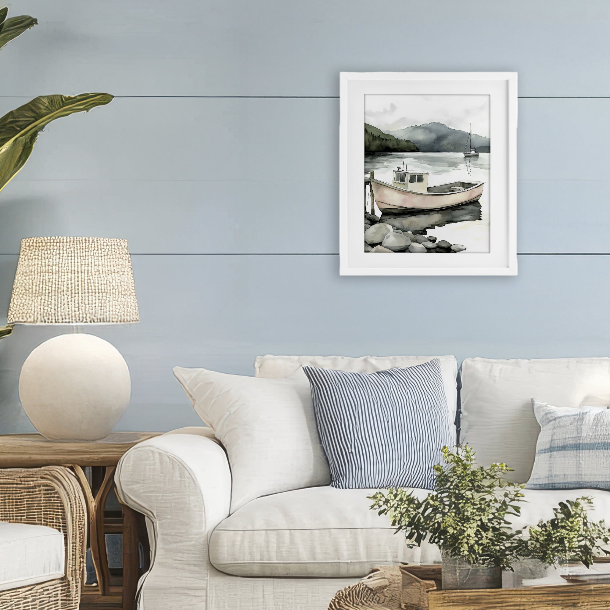 Stupell Industries Coastal Calm Docked Boat White Framed Print Under Glass, design by Riley B