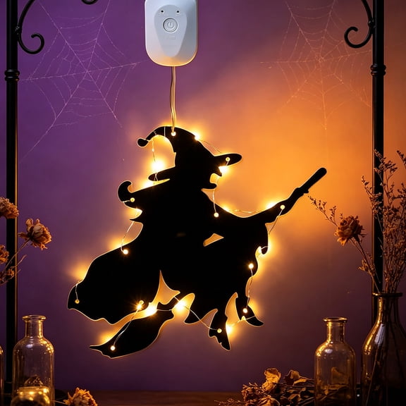 Halloween Decorations Flying Witch On Broom Light - LED Halloween Decoration - Hanging LED Witch Infinity Light - Indoor Seasonal Decor for Wall or Window Display