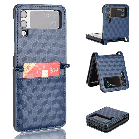 K-Lion Luxary Wallet Case for with Samsung Galaxy Z Flip 3,Plaid Embossed PU Leather with Card Slot Shockproof  Case for Samsung Galaxy Z Flip 3 6.7 inch,Blue