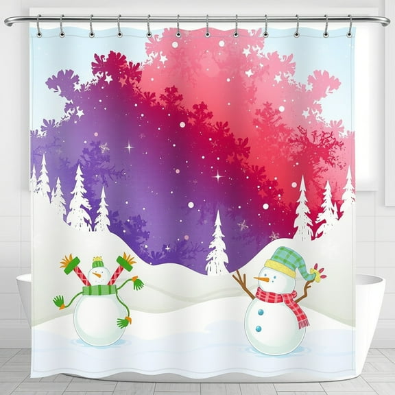 Whimsical Snowmen Shower Curtain - Colorful Design with Purple and Red Backgroundfor Holiday Decor