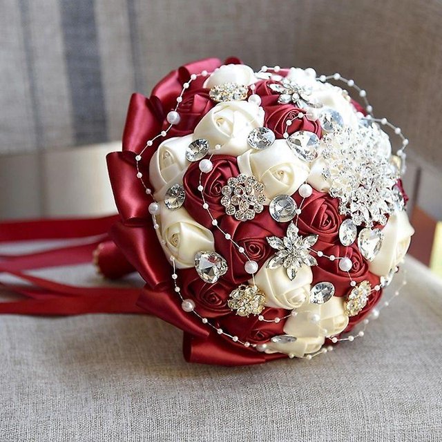 Ramo de rosas de satén hecho a mano, ramo de novia redondo para boda, ramo de flores artificiales, Color rojo vino