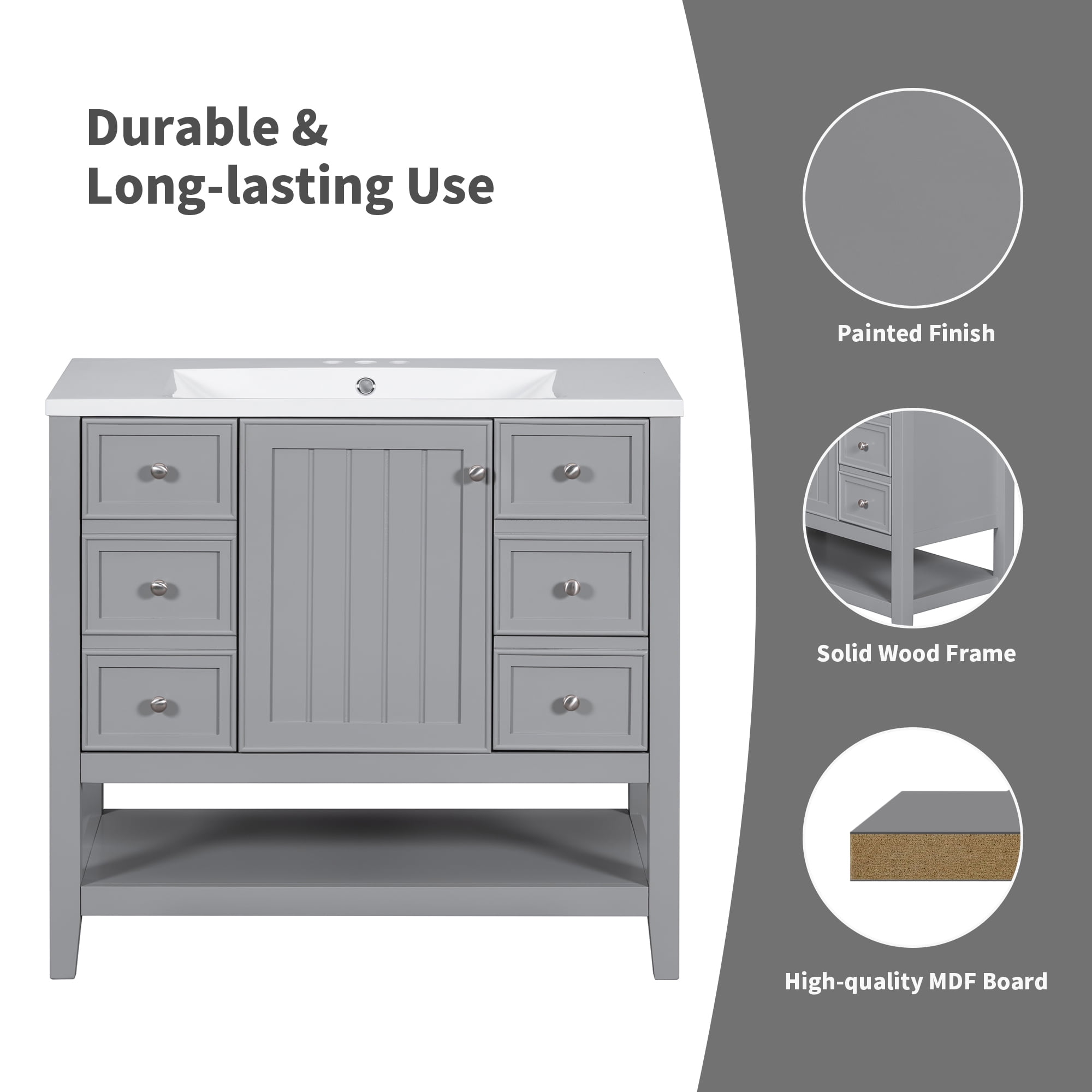 36" Bathroom Vanity with Sink Combo, One Cabinet and Three Drawers, Solid Wood and MDF Board, Grey