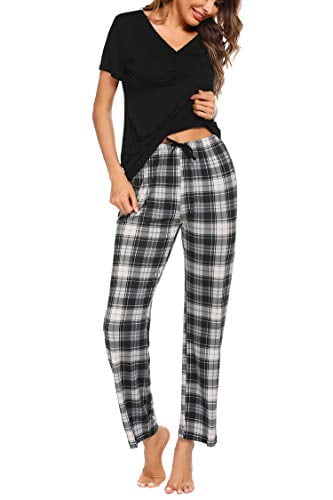Hotouch Pajama Sets Women Sleepwear Pjs Cotton Top & Long Plaid Bottoms Loungwear Pj Set S-XXL 