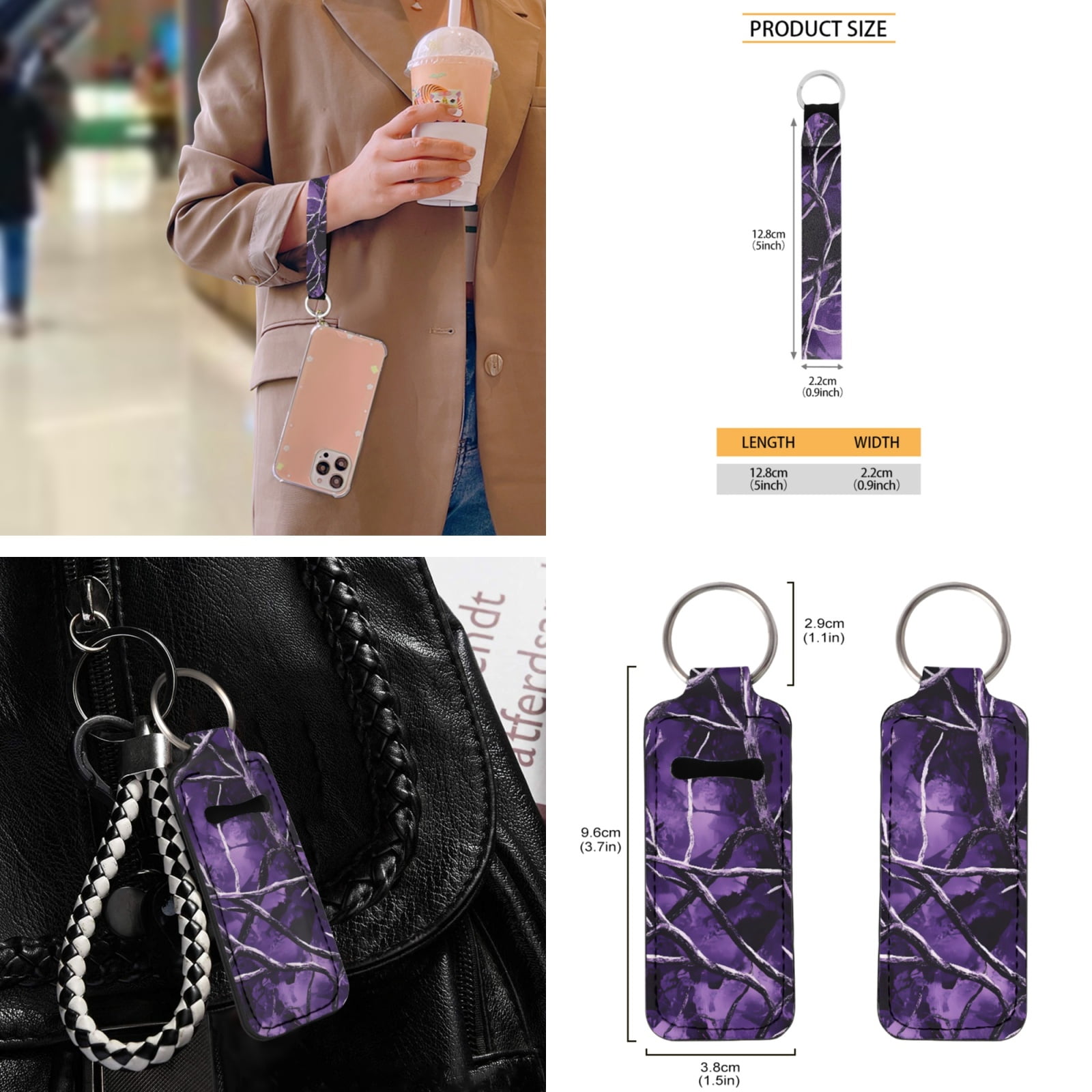 Yuyamidu Camo Hunting Car Seat Covers Set of 12 Purple Wood Steering Wheel Cover Seatbelt Cushion Pad Cup Holder Chapstick Sleeve Keychain Wrist Strap Key Chain Car Accessories