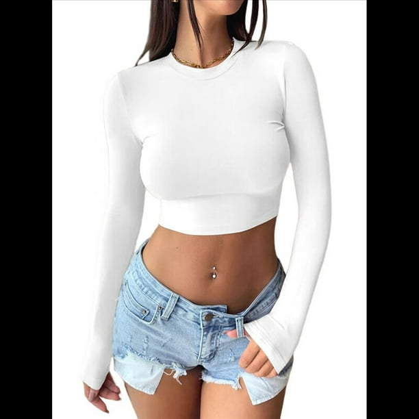 Tops Cortos de Larga para Mujer 2025 - Camisetas Básicas de Cuello Redondo y Corte Entallado para Otoño S