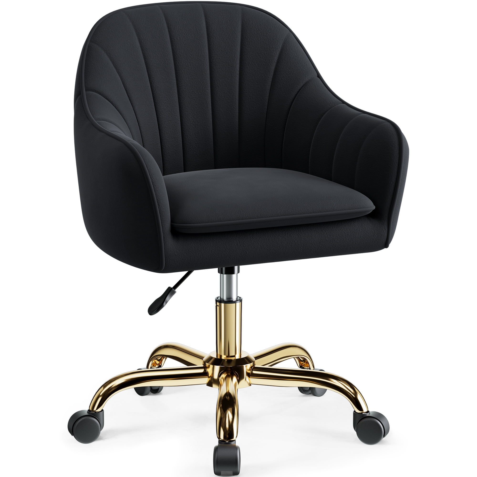 COOLHUT Office Desk Chair with Padded, Velvet Vanity Chair with Back and Wheels, Comfy Home Office Chiar with Gold Legs, Height Adjustable, Rolling Chair for Vanity Room, Makeup Room, Bedroom, Black