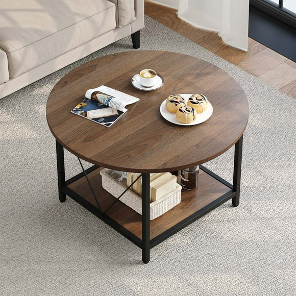 Round Coffee Table with Storage, Rustic Living Room Tables with Sturdy Metal Legs, Black