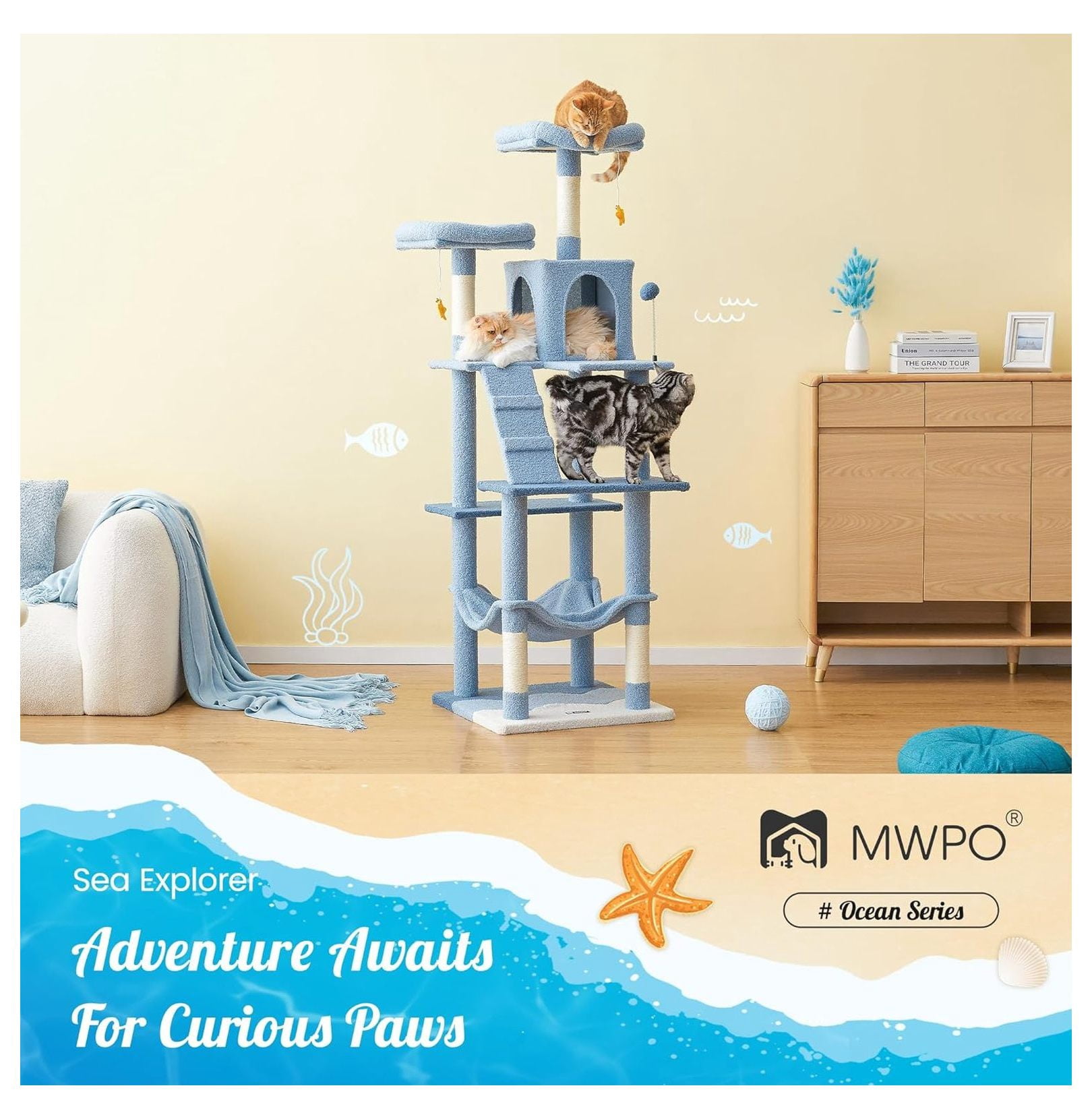 Ocean Cat Tree 70.1 Inch Tall, Multi-Level Cat Tower for Indoor Cats, Blue Plush Condo with Scratching Posts, Hammock & Toys - Large Kitten Activity Center