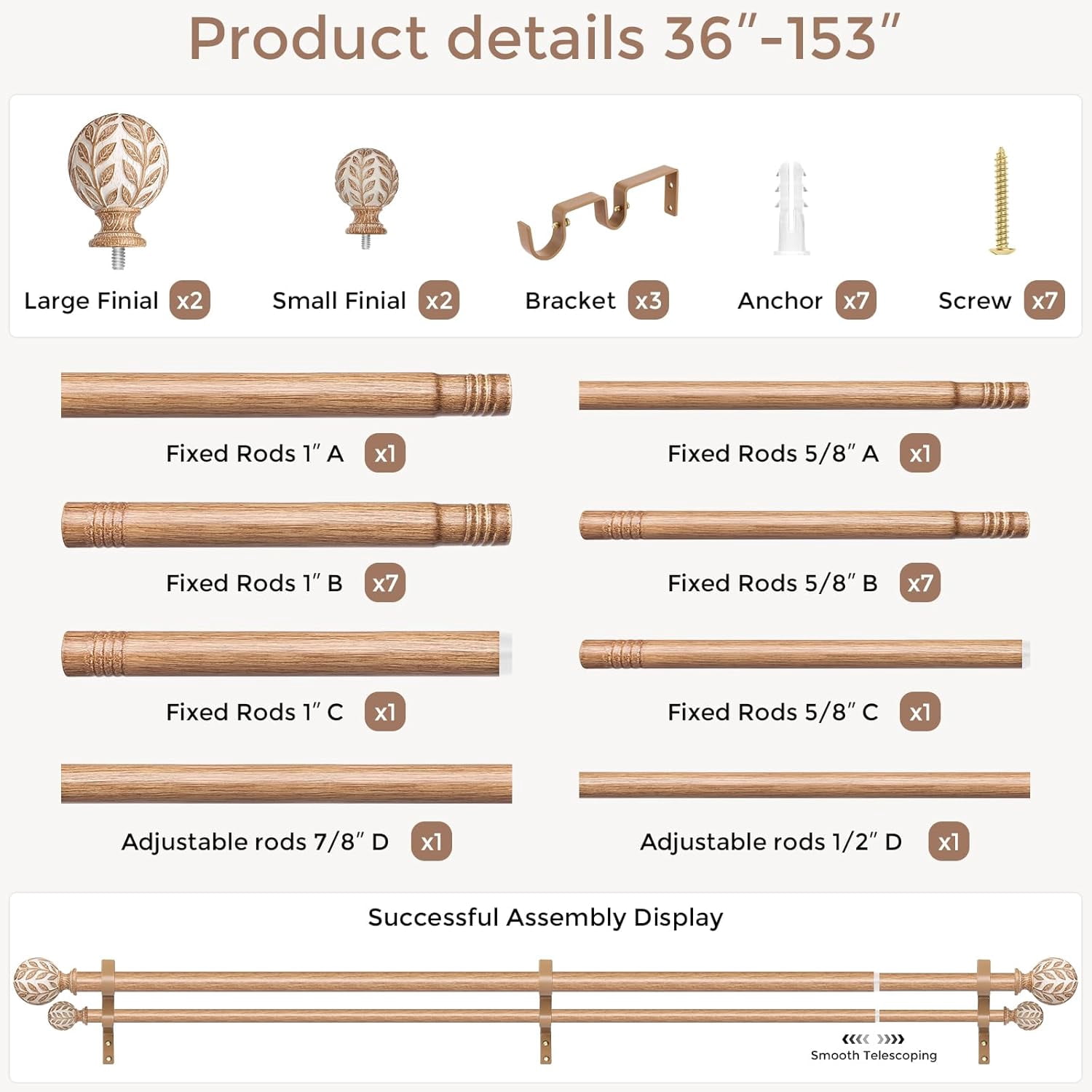 Wood Double Curtain Rod 36-153 Inch, Boho Decorative Extra Long Dual Curtain Rods for Windows, 1" Adjustable Heavy Duty Double Rod, Unique Handmade Imitation Wood Grain Leaf Finials Design