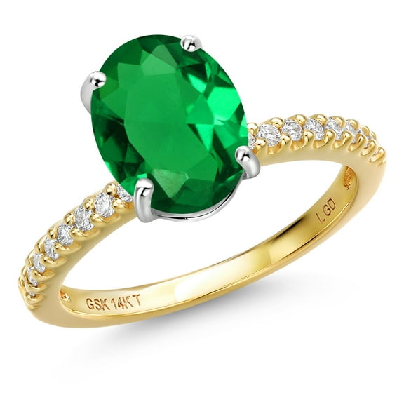 Gem Stone King 14K Two Tone Gold Green Nano Emerald and Lab Grown Diamond Engagement Ring for Women | 2.16 Cttw | Oval 10X8MM | Gemstone May Birthstone | Size 6