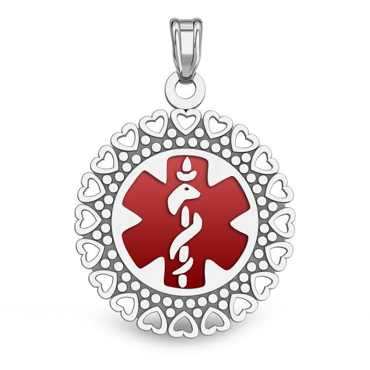 PicturesOnGold.com Sterling Silver Round Diabetic Medical ID Charm or Pendant W/Red 1 Inch X 1 Inch 