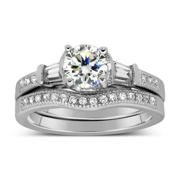 Antique 2.00 Carat Round Moissanite Wedding Ring Set with Baguette Moissanite for Her with 18k Gold Plating