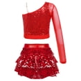 thumbnail image 2 of Alvivi Girls Sequins Long Sleeve One Shoulder Latin Jazz Dance Crop Top with Ruffle Skirted Shorts Red 14, 2 of 7