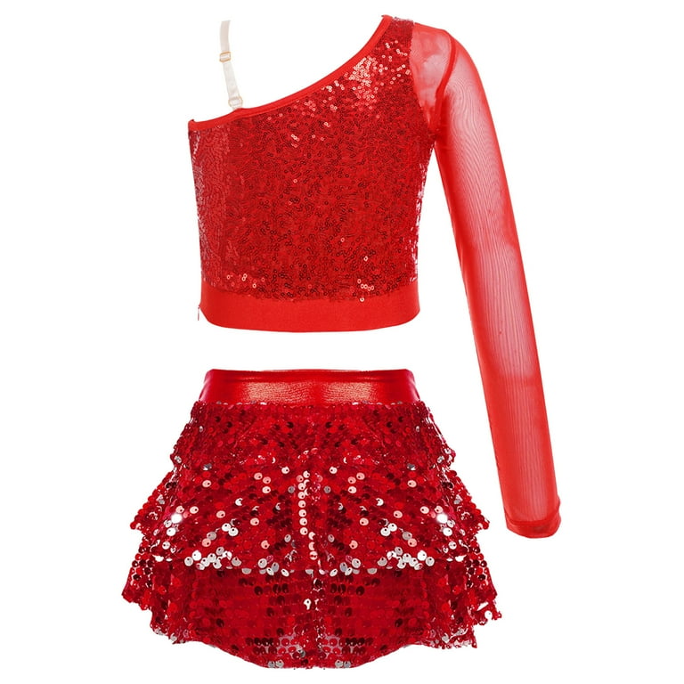 YONGHS Girls Dance Costume Long Sleeve Sequins Crop Top with Skirt