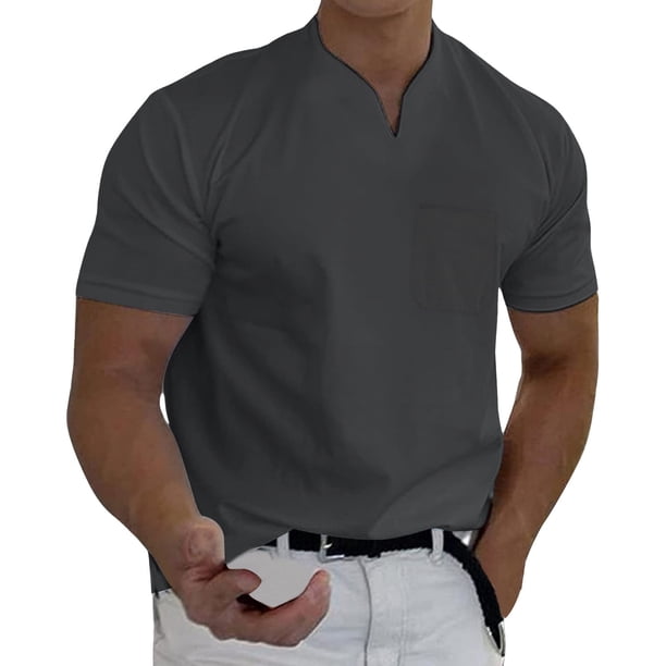 Camisetas Prolriy para hombre, primavera y verano, informales, cuello en V, lisas, de manga corta, blusa, gris, talla XXL