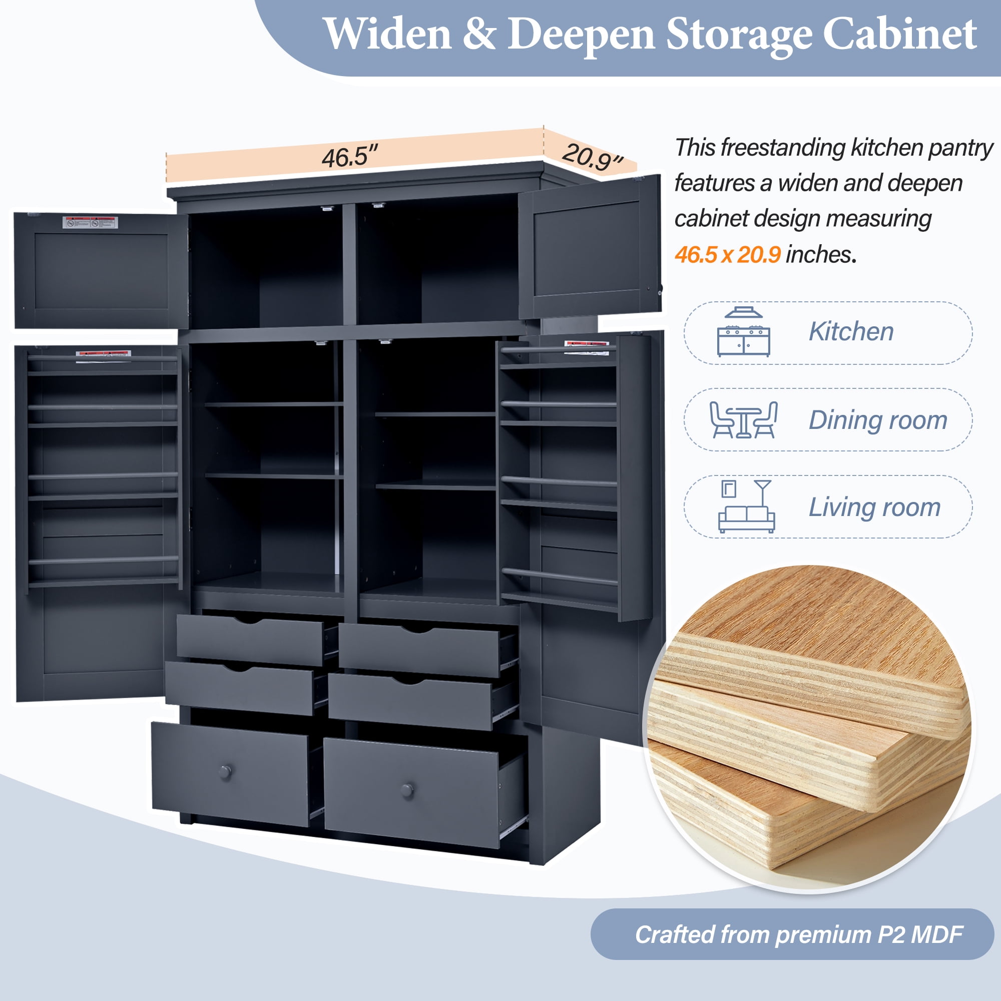 Mintazer 74.8" Tall Freestanding Kitchen Pantry Cabinet with 6 Drawers, Adjustable Shelves & 8 Side Spice Racks, Food Storage Cabinet with 4 Pull-out Trays for Dining Room, Grey
