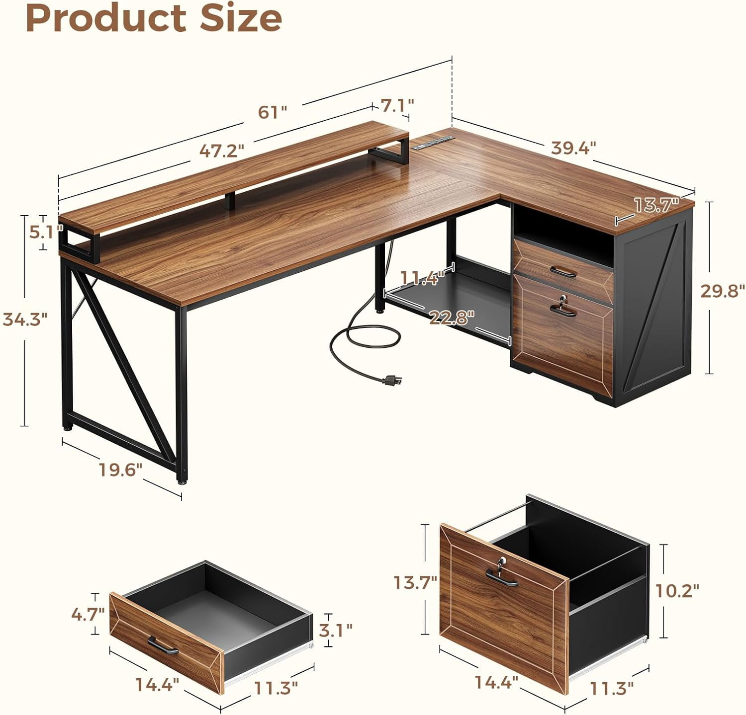 AODK 61 Inch L Shaped Desk with Drawers & lockable File Cabinet, Farmhouse Executive Office Desk with Led Lights & Power Outlet, Computer Desk with Storage Shelves,Monitor Stand and CPU Stand, Walnut