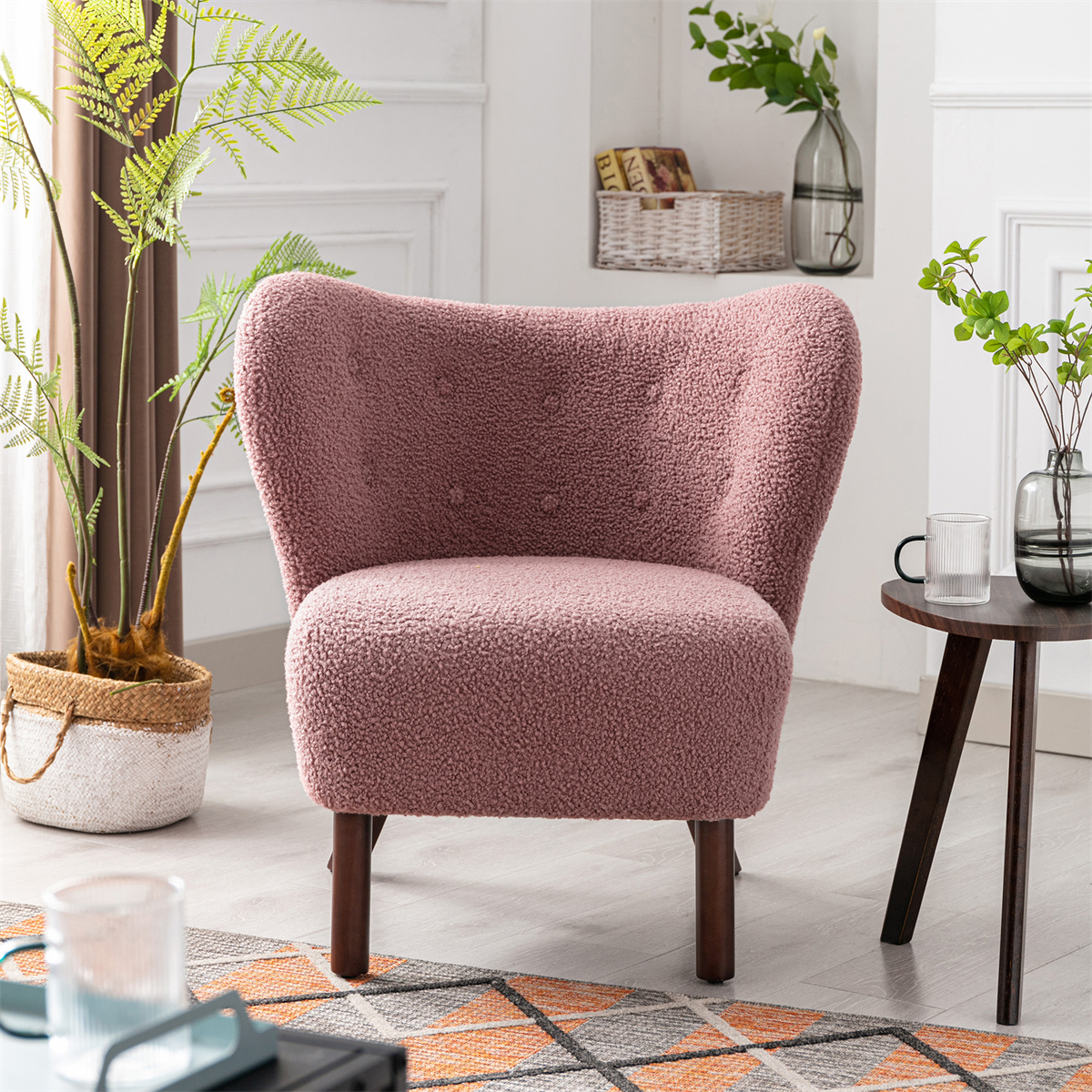 Modern Accent Chair with Arms, Tufted Upholstered Wingback Chair with