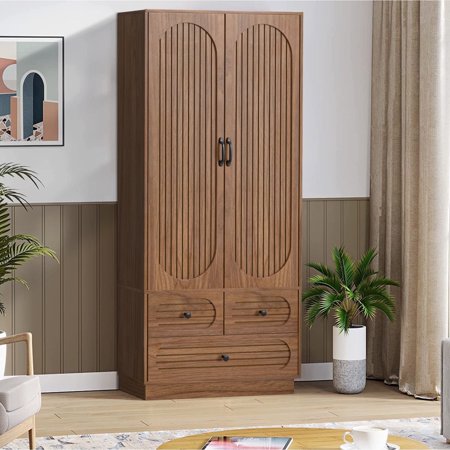 Armoire Wardrobe Closet for Bedroom Wardrobe Cabinet with 3 Drawers and Hanging Rod Wooden Armoire Closet for Living Room Walnut