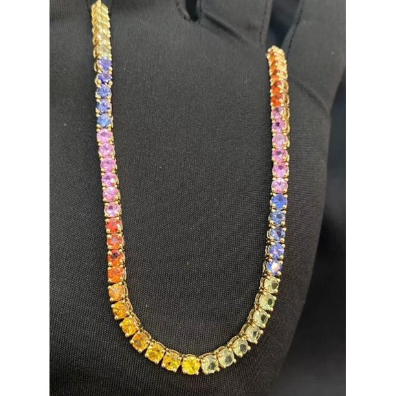 Natural Sapphire Unisex Round Rainbow Necklace In Rainbow Tennis Necklace Rainbow Sapphire Tennis Necklace,omber tennis necklace