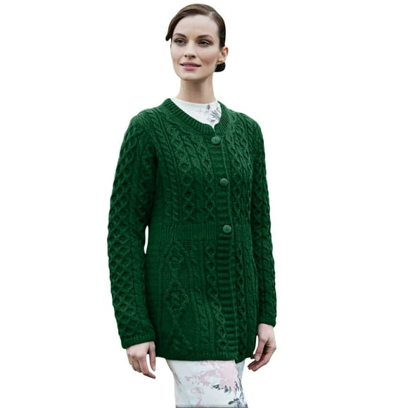 100% Irish Merino Wool Ladies A Line Aran Sweater by Carriag Donn Small Green