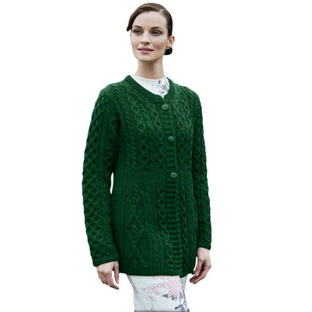 100% Irish Merino Wool Ladies A Line Aran Sweater by Carriag Donn Small Green