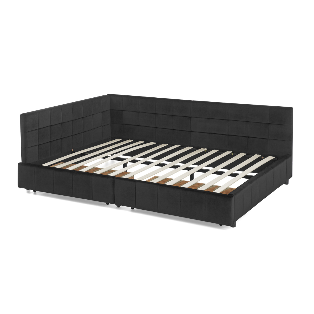 Queen Size Storage Upholstered Tufted Bed Frame with 2 Storage Drawers, Sofa Bed Frame with Comfortable Backrest and Armrests, Velvet Platform Bed for Bedroom, Living Room, No Box Spring Needed, Black