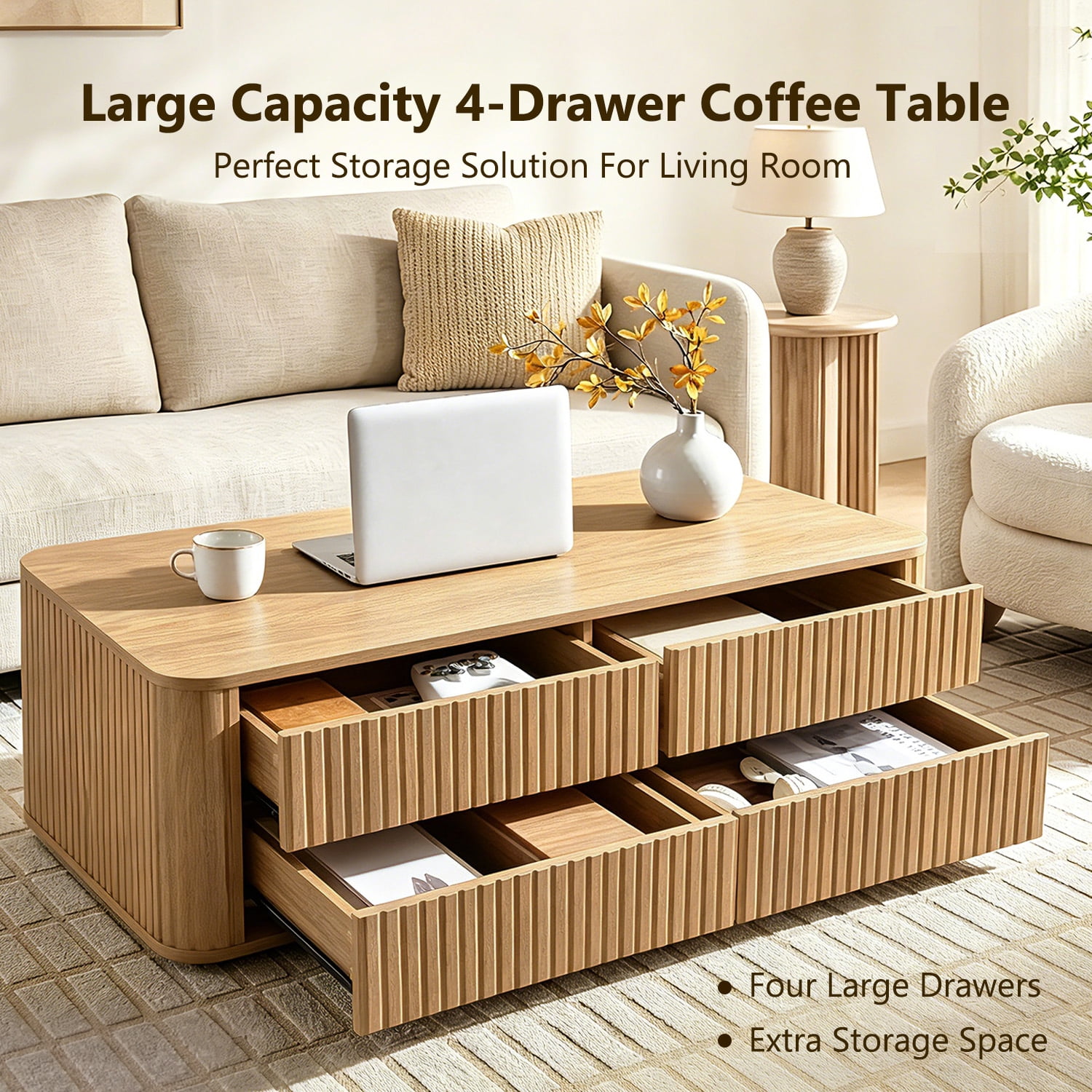 IFMUST 51" Modern Fluted Coffee Table with 4 Hidden Drawers, Curved Edges, for Living Room