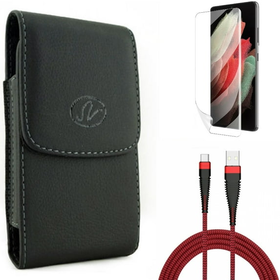 Case Belt Clip & 10ft USB Cable & Matte Screen Protector for Samsung Galaxy S22 Plus (S22+) - Combo Leather Holster Cover & Type-C Charger Cord Power & TPU Film Anti-Glare