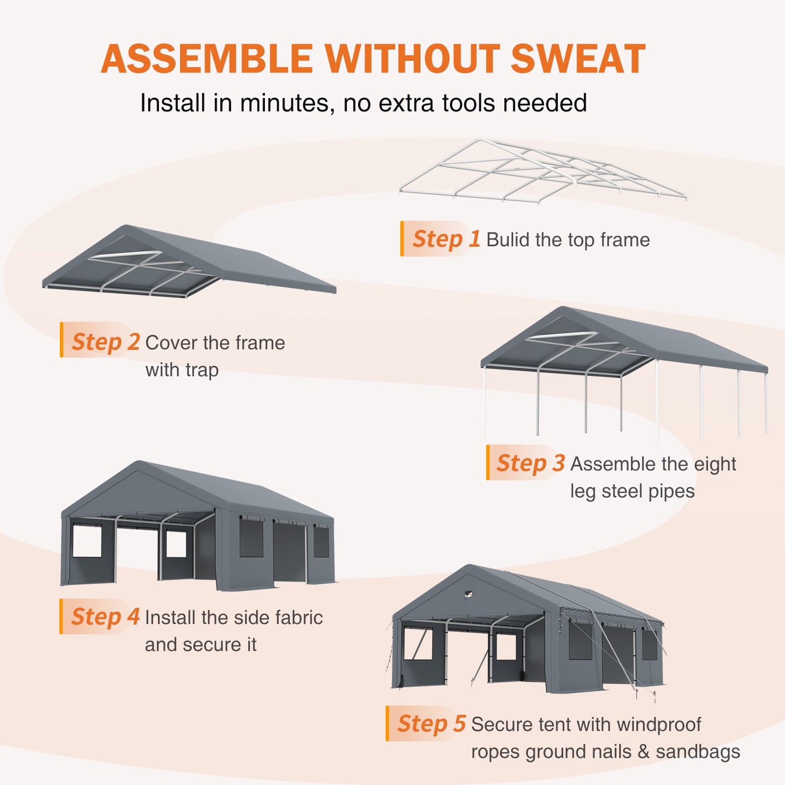 13 ft. W x 25 ft. D Carport Canopy with Side Doors, Heavy Duty Car Ports with Sidewalls, Drive Through Portable Garage, Grey
