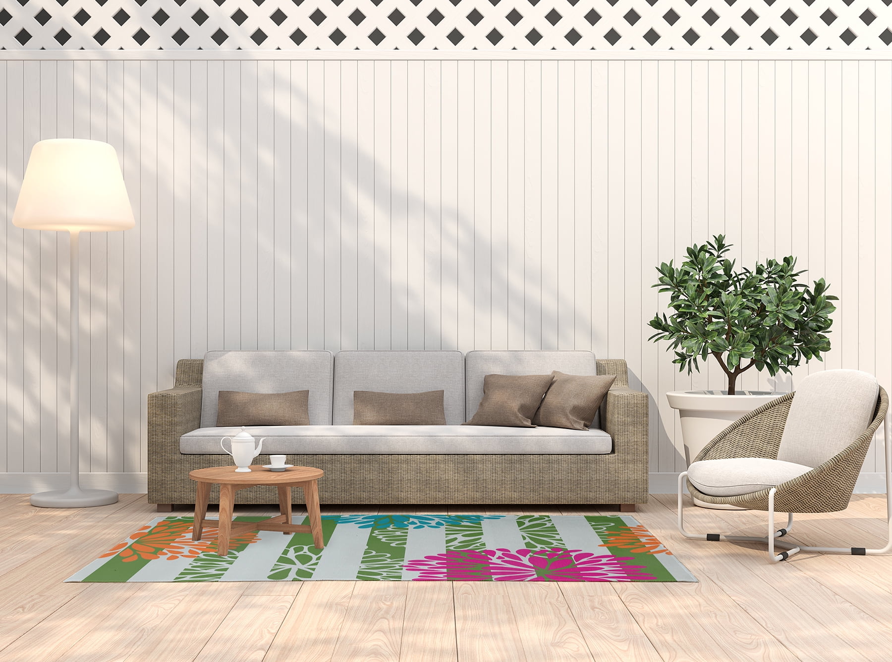Simply Daisy 5' x 7' Green Flower Bursts Spring Chenille Indoor/Outdoor Rug