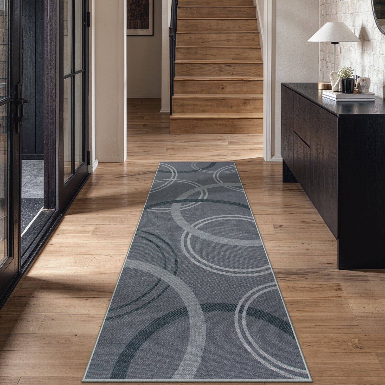 SUNDEREY 2'6"x8' Geometri Kitchen Rug,Runner Rugs 2.6x8ft Hallway Easy Jute Rug,Non Slip Washable Circular Pattern Rug,Soft Non-Slip Khaki Indoor Carpet for Entryway Laundry Bedroom,Grey