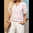 thumbnail image 4 of Blusa de Rayas con Mangas Abullonadas para Mujer, Cuello en V, Corte Holgado, Informal, para Verano, para el Trabajo, Camisa A Rayas Rosa XL, 4 of 8