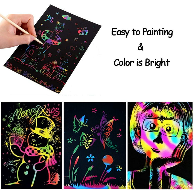 Scratch Paper Art for Kids, 50 Sheets Rainbow Scratch Paper Arts and Crafts for Kids Black Scratch Paper Art Notes Paper Boards with 5 Wooden Stylus