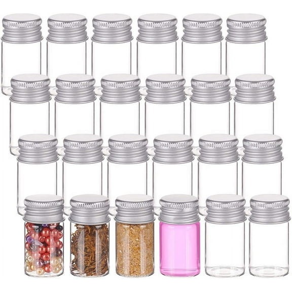24 Pack 8ml/0.27oz Mini Glass Empty Cosmetic Jars Clear Small Vials Empty Glass Bottles with Screwed Aluminum Caps for Wishing Message Bottle Liquid Hold Storage DIY Clear