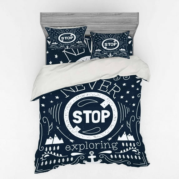 Saying Duvet Cover Set, Anchor and Star Silhouette with Never Stop Exploring Slogan on Dark Backdrop, Bedding Set with Shams and Fitted Sheet, 3 Sizes, by Ambesonne