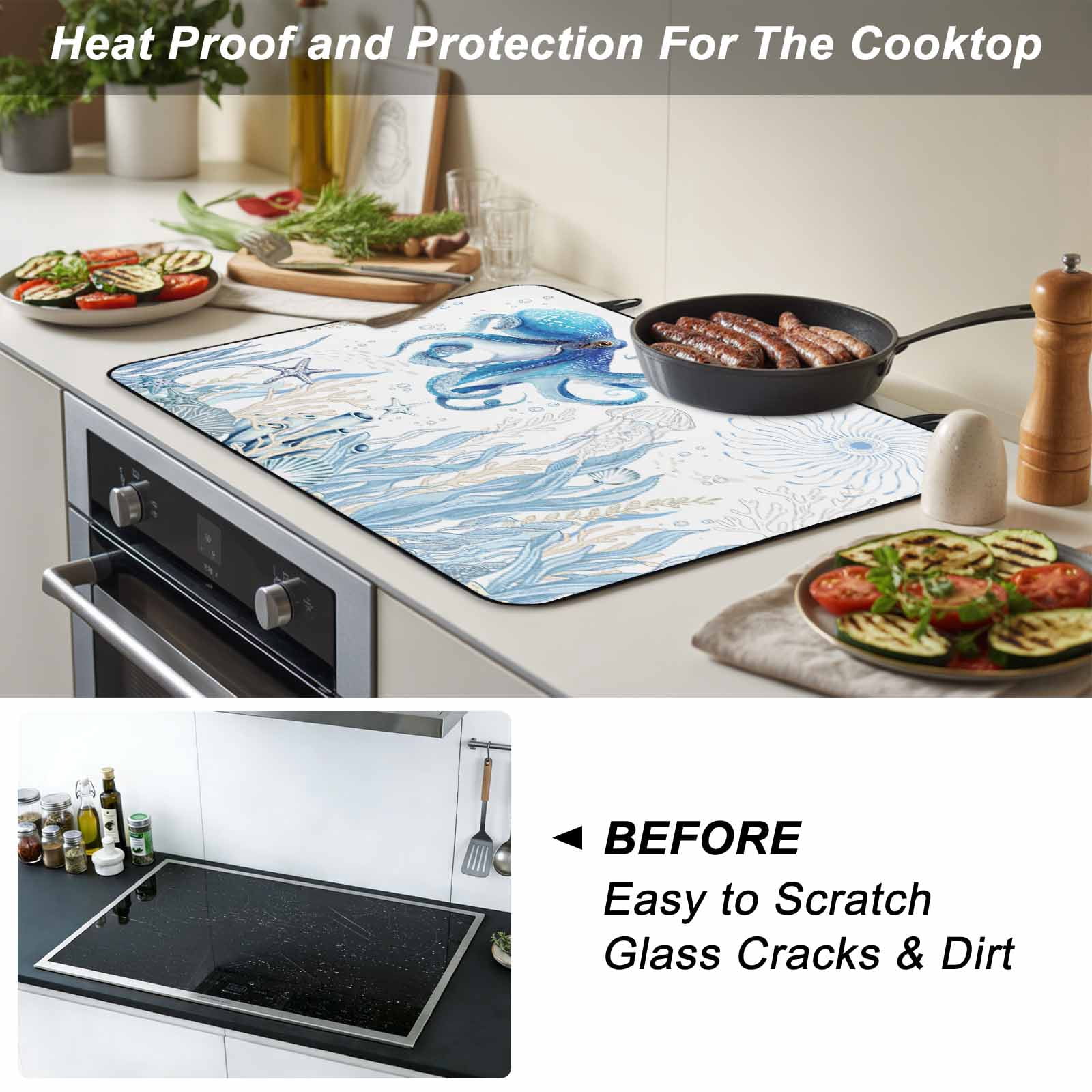 Blue Octopus Coastal Stove Top Cover for Electric Stove, Heat-proof & Non Slip Glass Top Stove Cover Protector, Summer Beach Nautical Ocean Coral Starfish Kitchen Flat Cooktop Rubber Mat 24x21 Inches