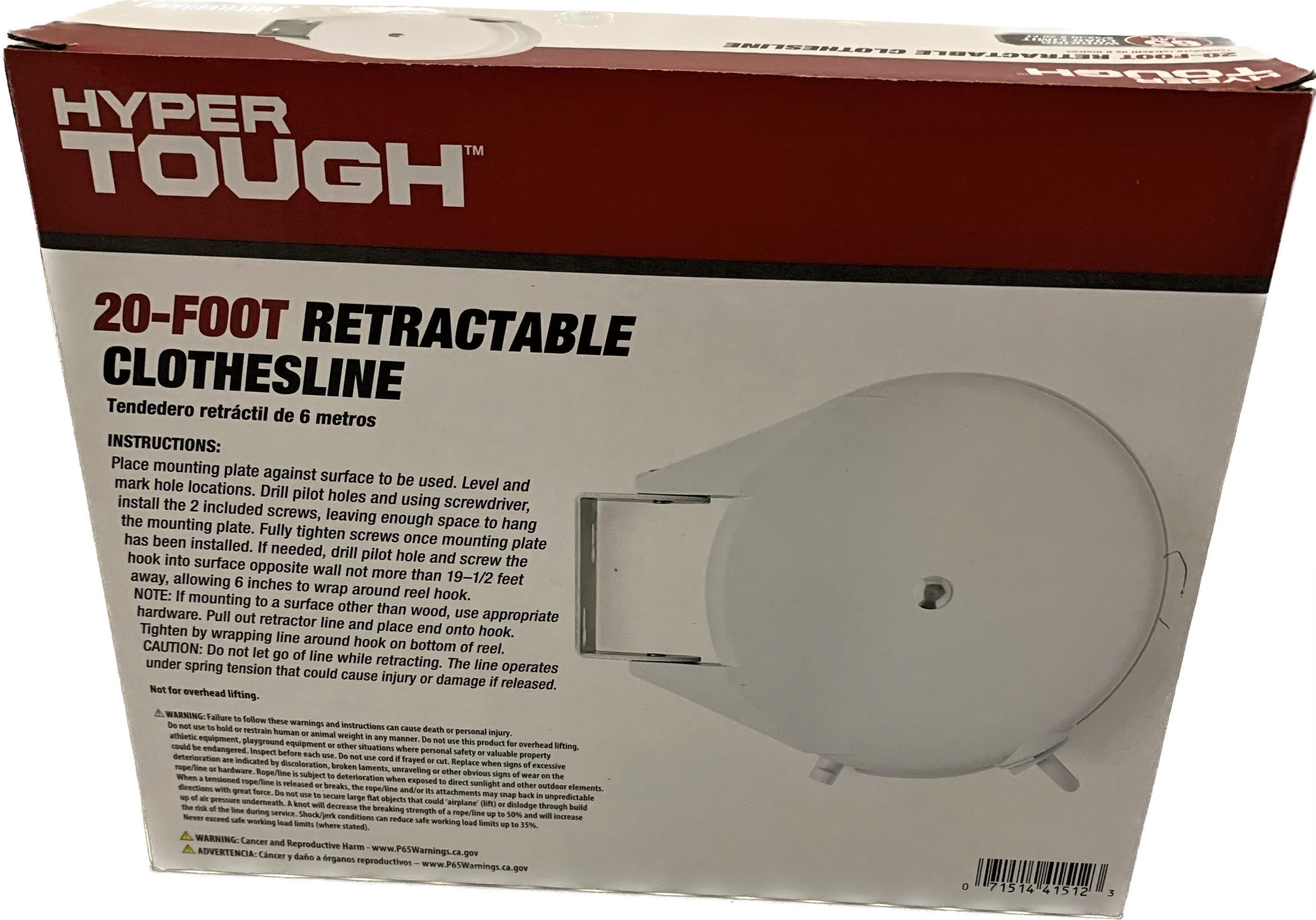 Hyper Tough RC20-HT Retractable Clothesline, 20 Ft, White, Indoor/Outdoor Mountable Drying Line