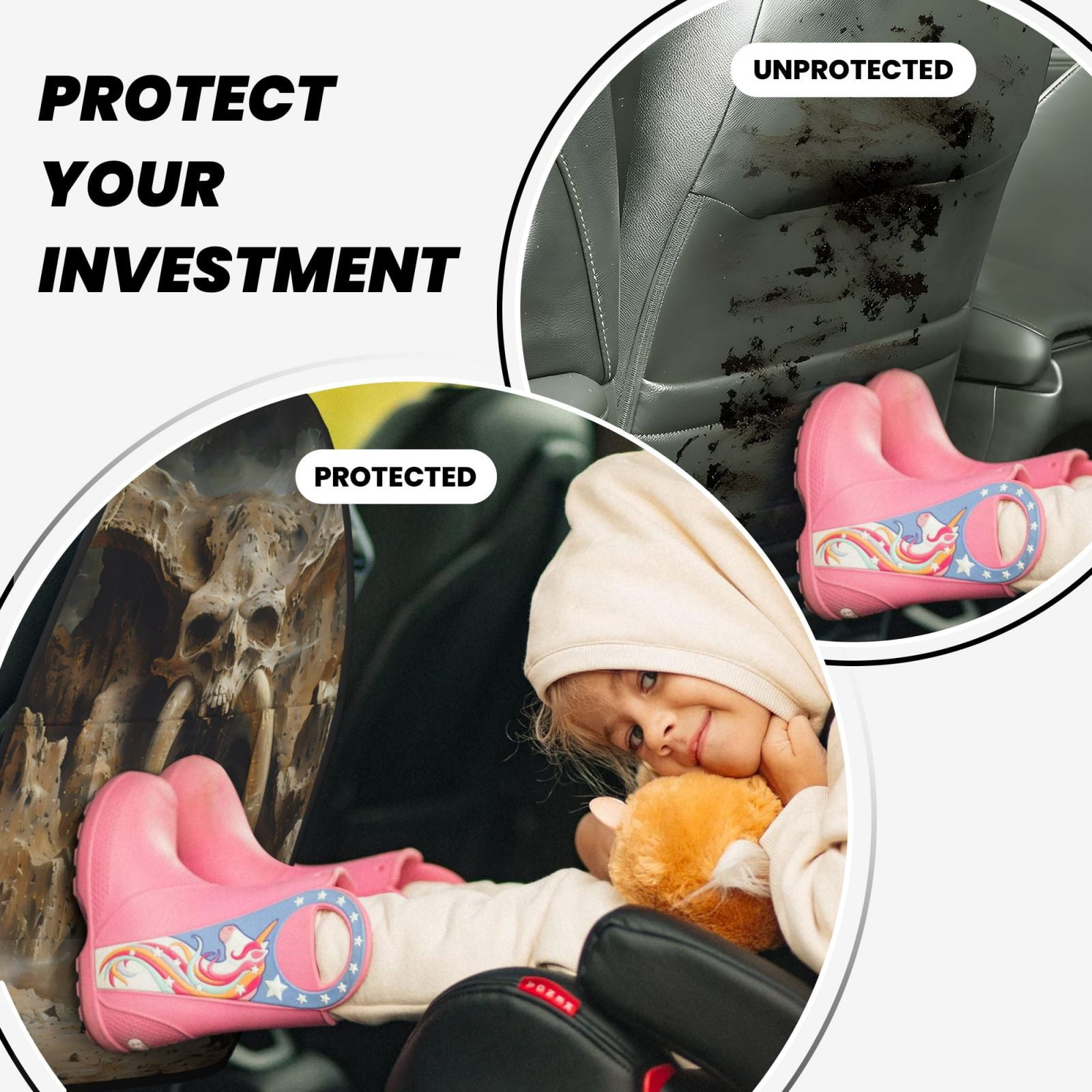 Kdxio Ancient Skull Cave Landscape Print 2 Pack Car Kick Mat Seat Cover Back Protector Mat with Pockets for Organizer Backseat Protector and Storage Anti Kick Pad for Vehicles
