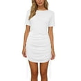 thumbnail image 4 of Gamivast Womens Ruched Mini Dress Crew Neck Short Sleeve Bodycon Drawstring Slim Fit Casual Summer Party Clubwear Stretchy Basic T Shirt Dress Wear, 4 of 7