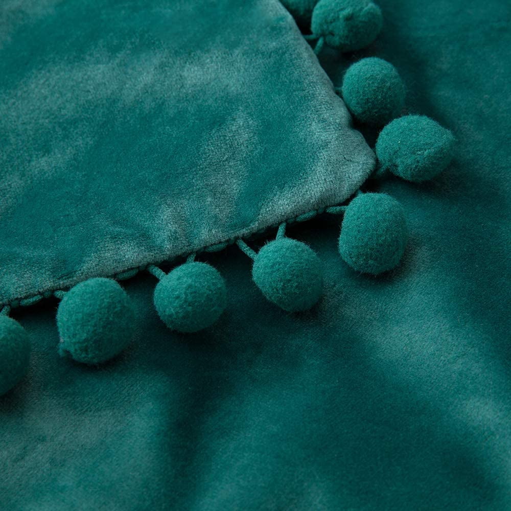 of 2 Velvet Throw Pillow Covers Pompom Decorative Pillowcases Solid Soft Cushion Covers with Square for Couch Sofa Bedroom Car 18x18inch Dark Green