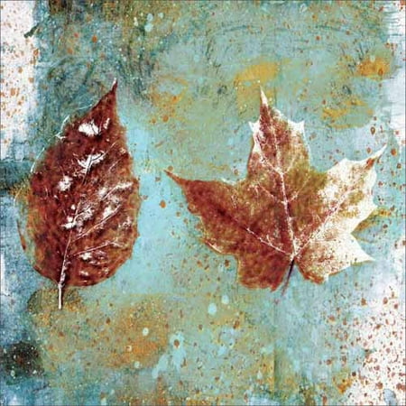 Two Watercolor Fall Splattered Leaves Nature Painting Blue & Orange Canvas Art by Pied Piper