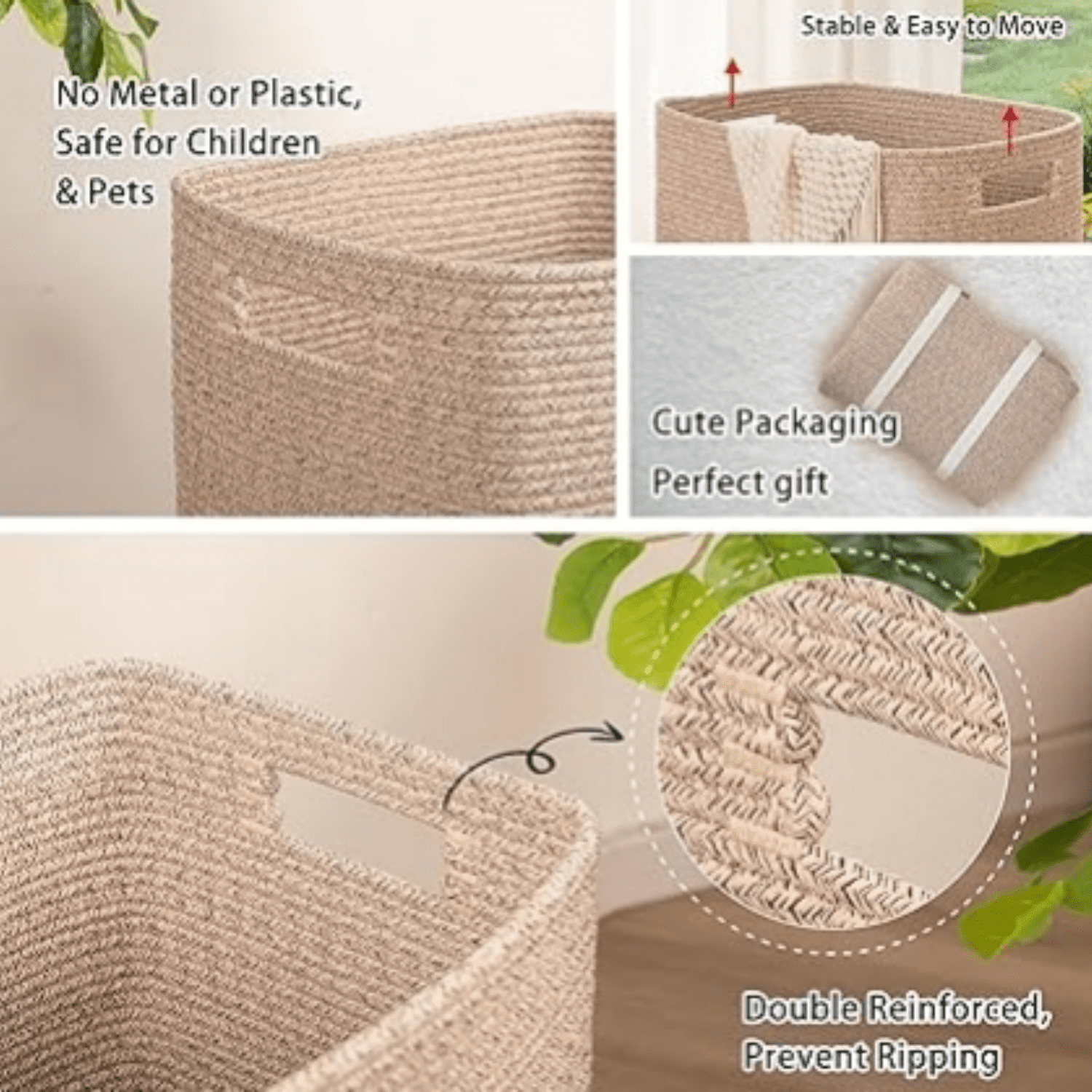 Laundry Hamper, Rectangle Cotton Laundry Basket with Handles, Large Blanket Basket for Living room, Woven Drative Storage for Toys,Clothes,Pillows-16x13x22in-Brown variegated