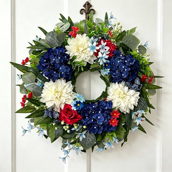 250th Year Patriotic Wreaths for Front Door Decorations, 24 Inch 4th of July Hydrangea Wreath, Red White Blue Spring Door Wreath for Independence Day, Memorial Day for Indoor Outdoor Decor