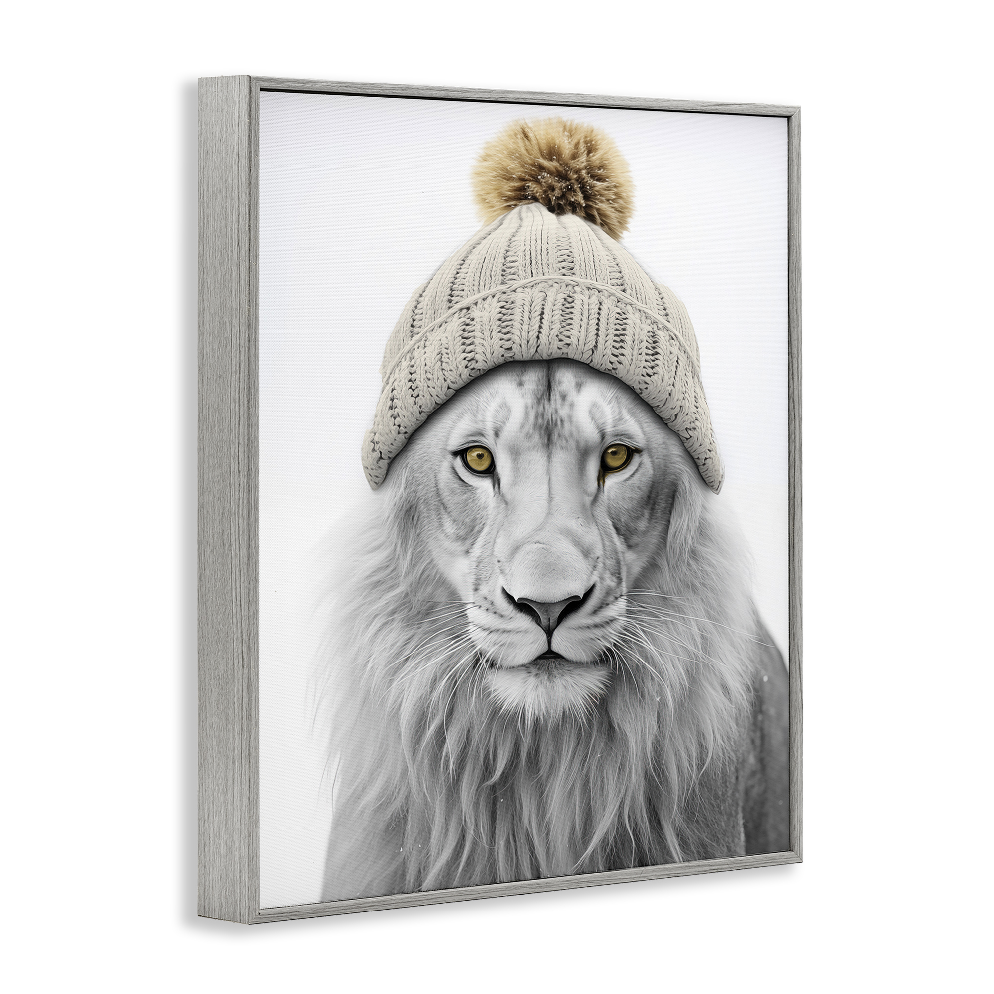 Stupell Industries Lion in Winter Hat Animals & Insects Painting Gray Framed Art Print Wall Art, 24 x 30