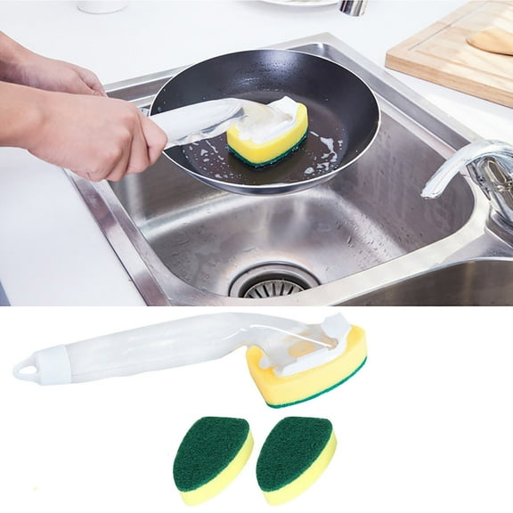 qILAKOG Non Scratch Dishwand Sponge Pot Brush, Long Handled Dish Brush with Soap Dispenser for Washing Dishes Pots Pans and Kitchen Sinks (3 Sponge)