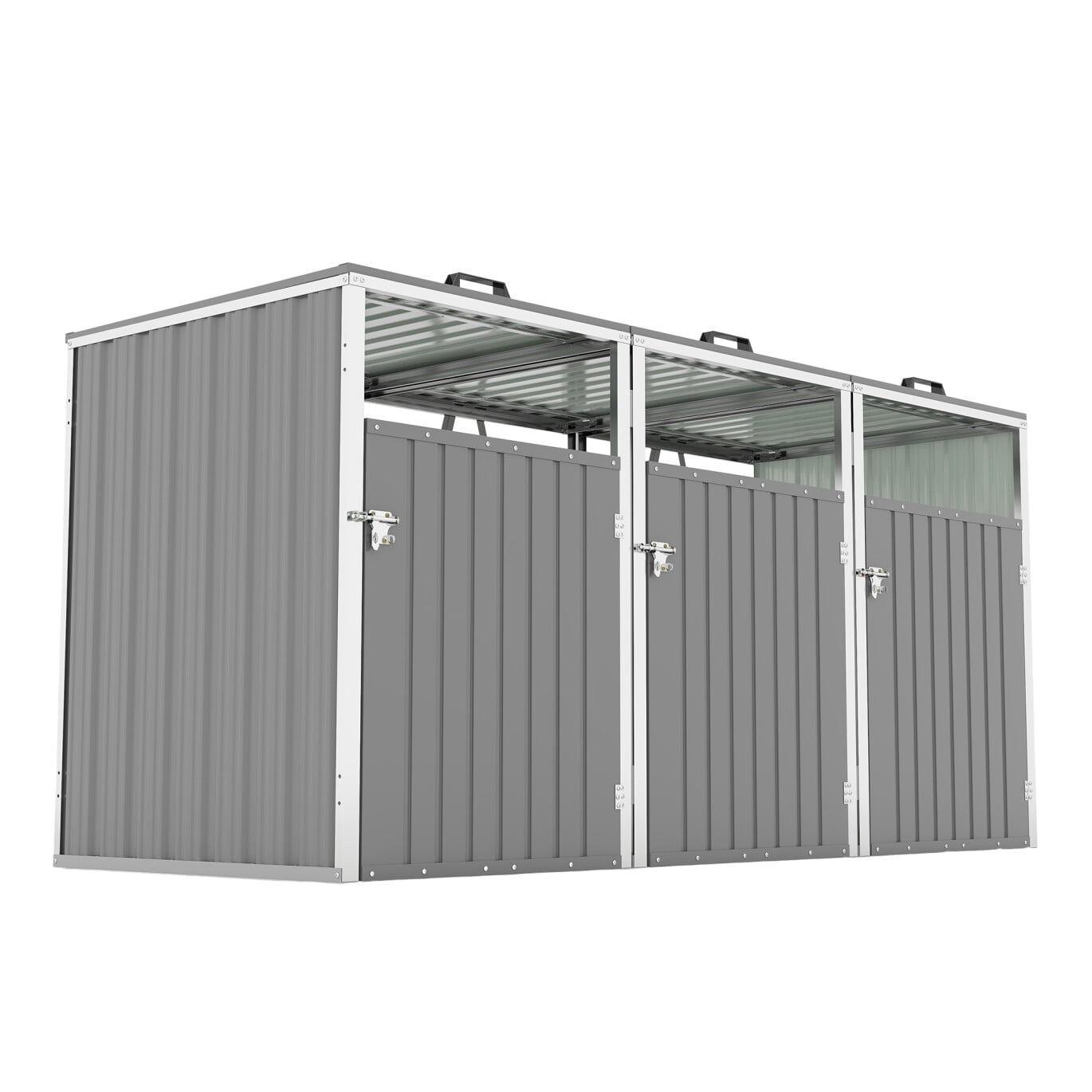 Outdoor Trash Can Storage Shed, 120 Cu.Ft Metal Garbage Bin Storage Shed with Lockable Doors, Waterproof Horizontal Storage Cabinet for 3 Trash Bins, Light Gray