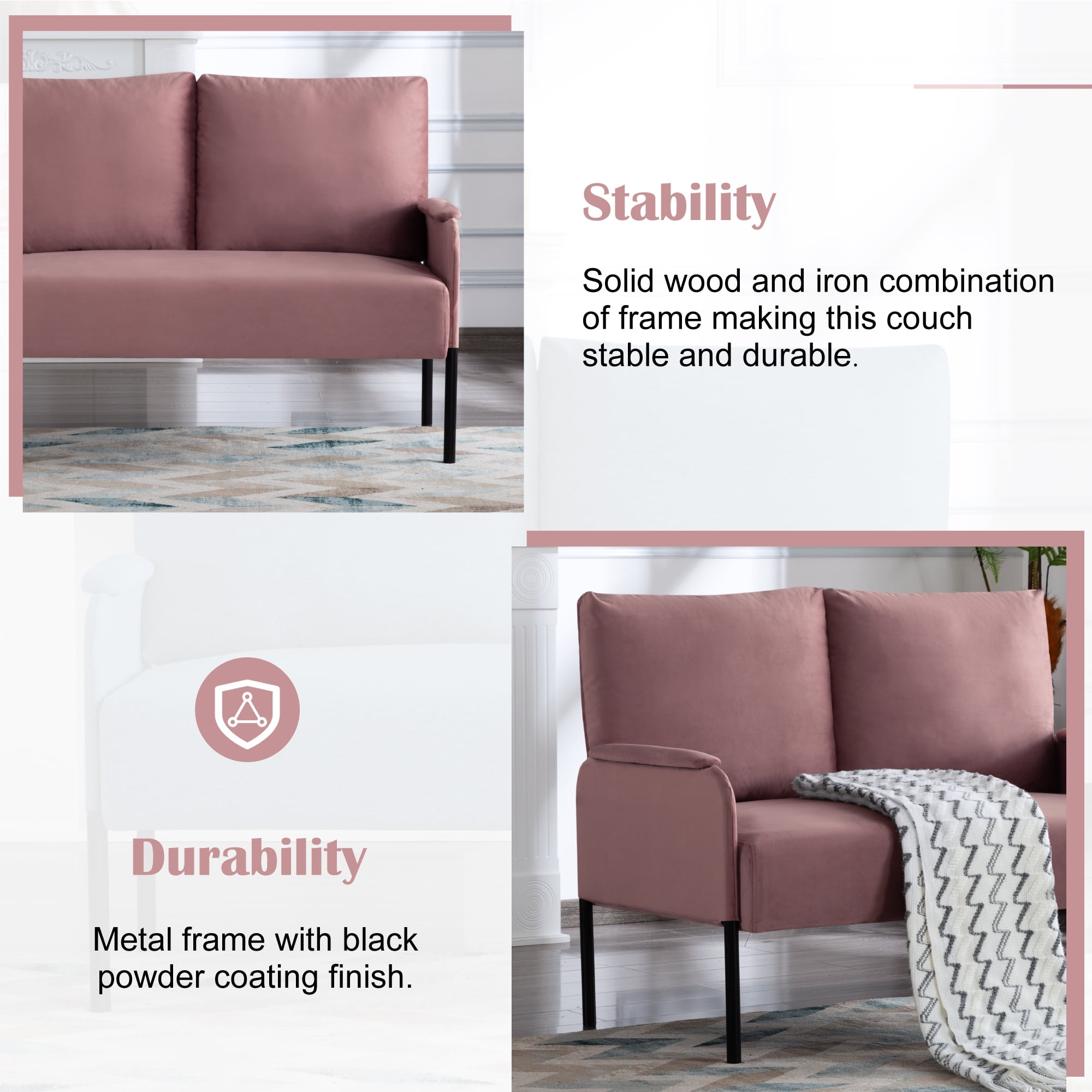 Gewnee 45.7”Loveseat Couch for Small Spaces,Mid-Century Modern 2-Seater Sofa with Metal Frame & Black Legs,Removable Washable Back Cushion Cover,Easy Assembly.Pink